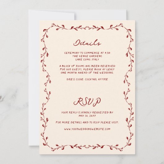 Alles in een maroon hand getekende bruiloft uitnod kaart (Achterkant)