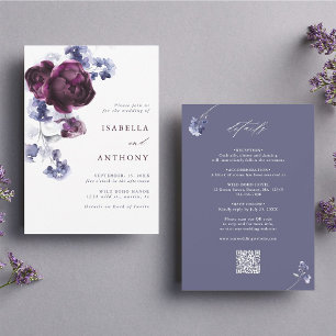 Alles in één Plum Paarse & Indigo Floral Wedding Kaart
