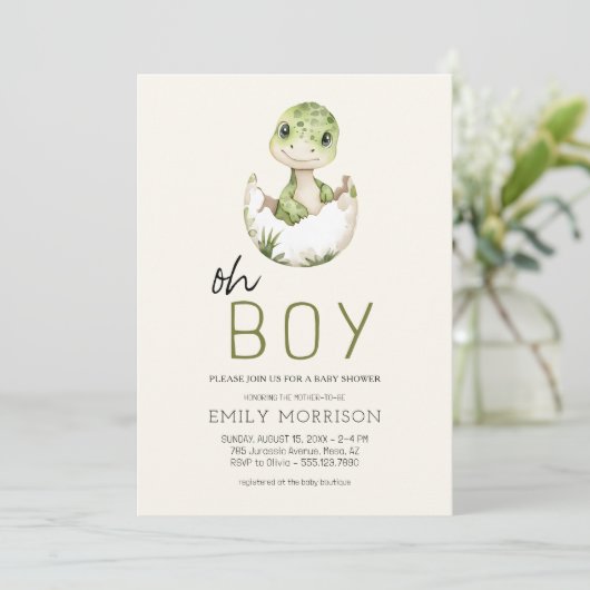 Alles in een QR Code Dinosaur Baby Boy Shower Kaart (Staand voorkant)