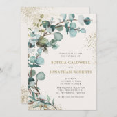 Alles in één QR-code Eucalyptus Gold Glitter Wedde Kaart (Voorkant / Achterkant)