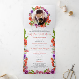 Alles in één rode papaver Paars roze Floral bruilo Drieluik Uitnodiging