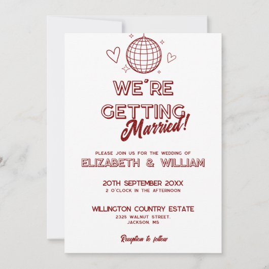 Alles in één rode retro disco groovy bruiloft kaart (Voorkant)