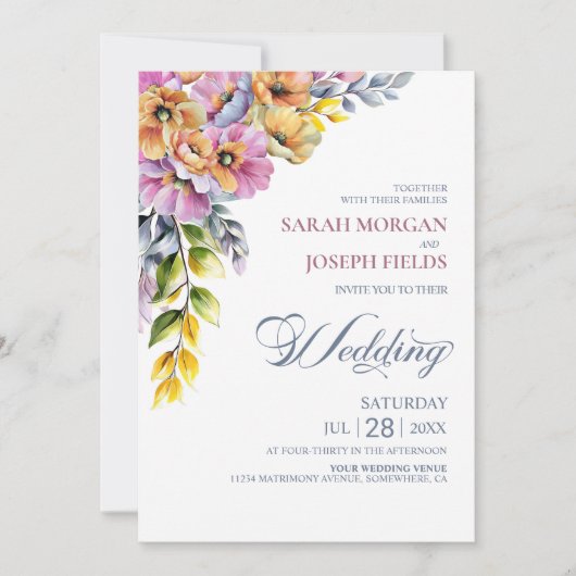 Alles in een roze en Oranje bloemenbruiloft Kaart