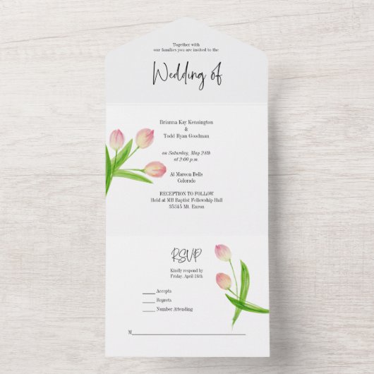 Alles in één roze lente Waterverf Tulp uitnodiging (Binnen)