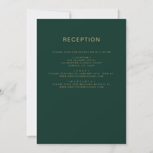 Alles in één smaragdgroen gouden huwelijksscript kaart (Achterkant)