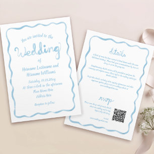 Alles in een Wavy Hand getekend Blauw QR RSVP brui Kaart