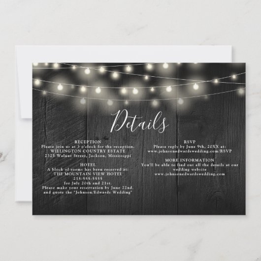 Alles in een zwart hout string lichten bruiloft fo kaart (Achterkant)