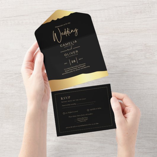Alles Inclusief 2 Zwart Goud Thema Bruiloft RSVP All In One Uitnodiging (Afscheurbaar)