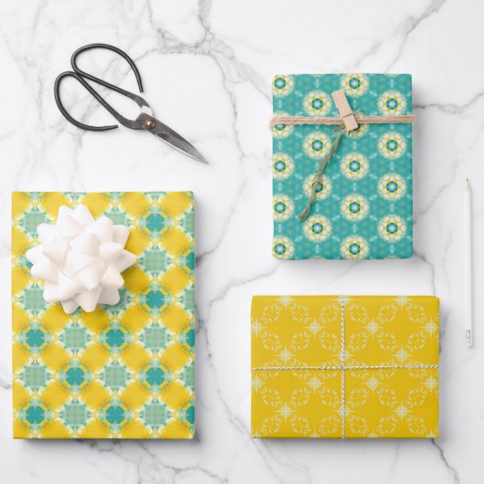 Alles is heldergeel en blauw feestelijk ontwerp inpakpapier vel (Voorkant)