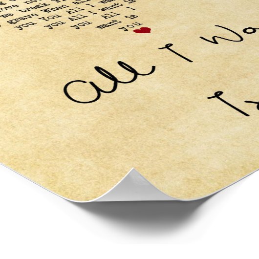 Alles wat ik wil is je hartliedje lyrische afdruk poster (Hoek)