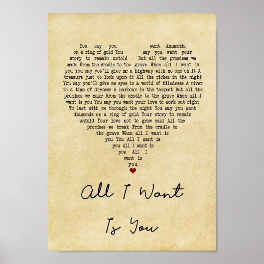 Alles wat ik wil is je  hartliedje lyrische afdruk poster (Voorkant)