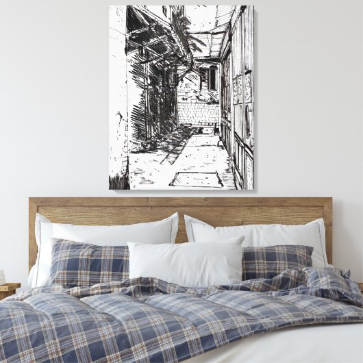 Alleyway Saigon Vietnam Cityscape Pen en Ink Art Canvas Afdruk (Insitu (Slaapkamer))