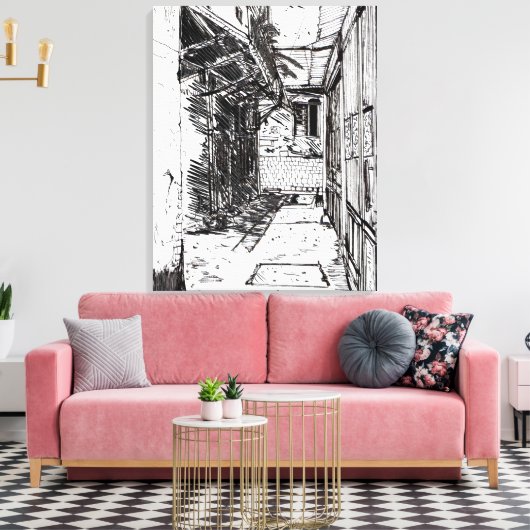Alleyway Saigon Vietnam Cityscape Pen en Ink Art Canvas Afdruk (Insitu (Woonkamer))