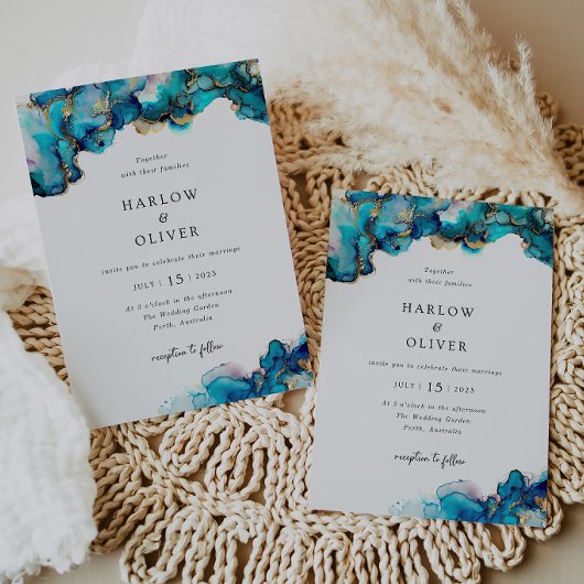 Alliance bleue et or - Invitation de mariage