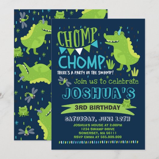 Alligator Birthday Invitation Crocodile Party Kaart (Voorkant / Achterkant)