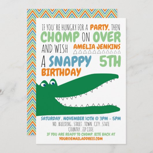Alligator Chomp, Chevron verjaardagsfeestje uitnod Kaart (Voorkant / Achterkant)