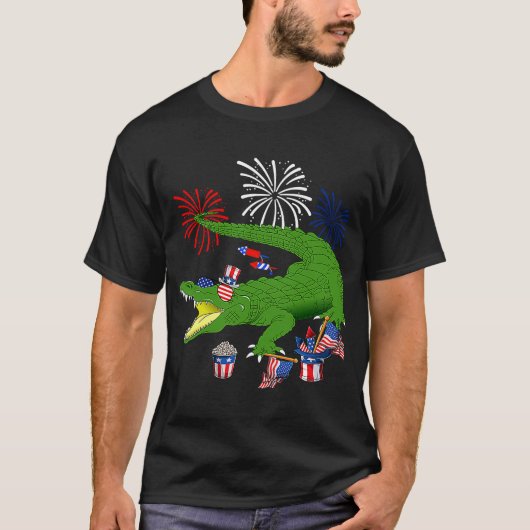 Alligator die Amerikaanse vlag houdt - Zonnebrille T-shirt (Voorkant)