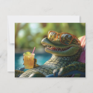 Alligator die geniet van een cocktail bij het zwem feestdagenkaart