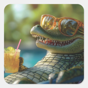 Alligator Genieten van een cocktail aan het zwemba Vierkante Sticker