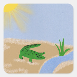 Alligator Green Whimsical Cartoon Art Vierkante Sticker