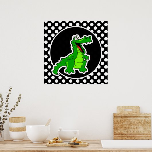 Alligator op zwarte en witte pooldots poster (Keuken)