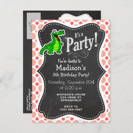 Alligator; Roze en koraalpokadots Uitnodiging Briefkaart (Voorkant / Achterkant)