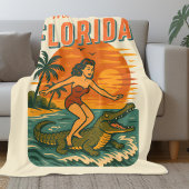 Alligator Surfing Beach Pin-up | Retro Coastal Art Fleece Deken