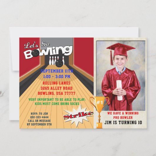 Allons au Bowling Red Boys Invitation photo Annive (Devant)