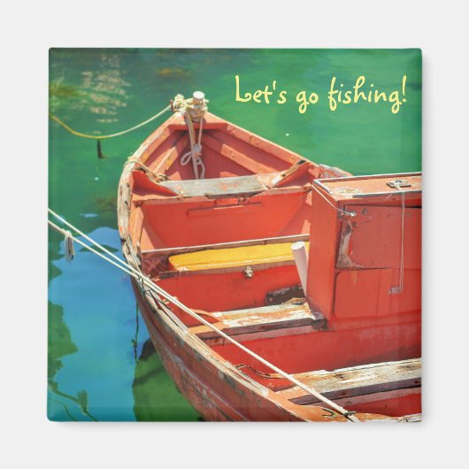 Allons pêcher ! Bateau rouge Eau verte Magnet (Devant)