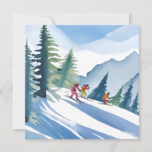 Allons Skier   Carte Aquarelle d'Hiver
