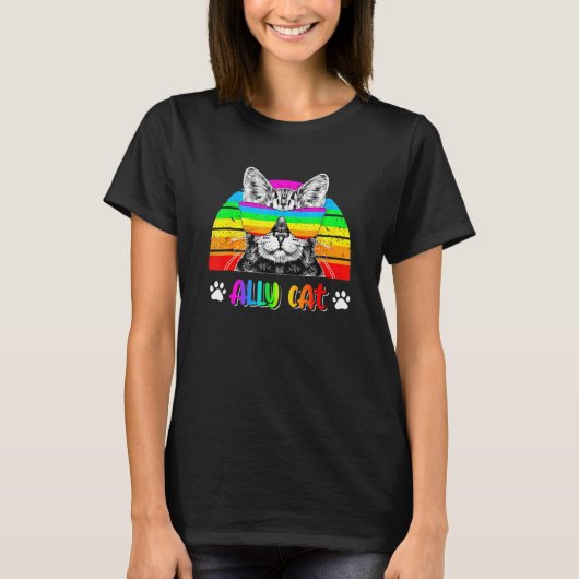 Ally Cat Rainbow Sunbril Lgbt Gay Pride Cat T-shirt (Voorkant)