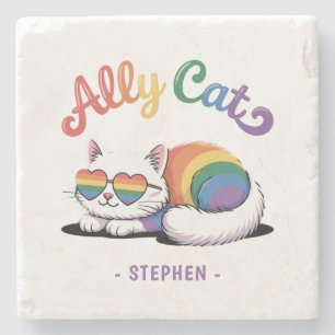 Ally Cat – Schattigee Witte Kat LGBTQ Pride (2) Stenen Onderzetter