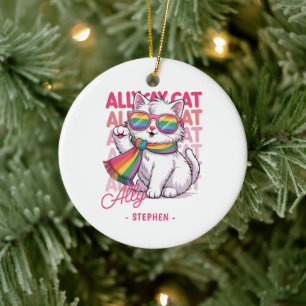Ally Cat – Schattigee witte kat LGBTQ Pride Keramisch Ornament