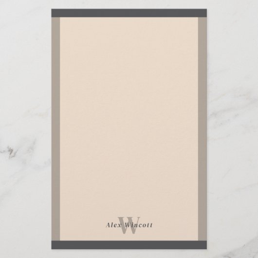 Almond Warm Grey Borders Monogrammed Briefpapier (Voorkant)