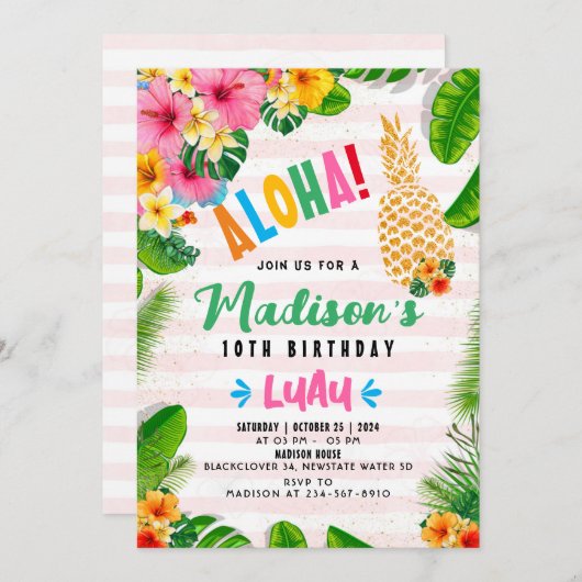 Aloha Ananas 10e verjaardagsfeest Uitnodiging (Voorkant / Achterkant)