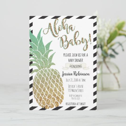 Aloha Baby ! Invitation Baby shower ananas (Debout devant)