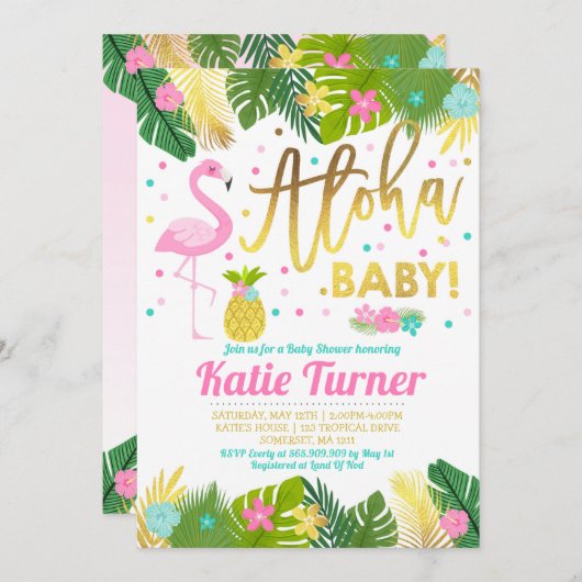 Aloha Baby shower Invitation Tropical Baby shower Kaart (Voorkant / Achterkant)