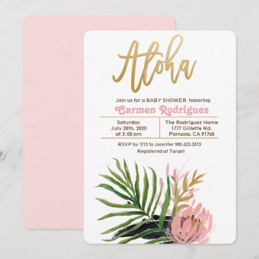 Aloha Baby shower tropical Invitation florale (Devant / Derrière)