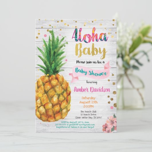 Aloha baby shower uitnodiging - Zomer tropisch (Staand voorkant)