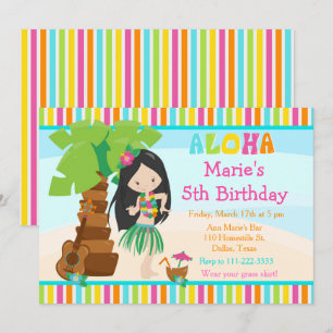 Aloha Cute Black Hair Girl Birthday Party Kaart