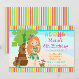 Aloha Cute Red Hair Girl Birthday Party Kaart