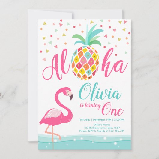 Aloha Flamant rose ananas Anniversaire Invitation  (Devant)