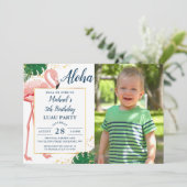 Aloha Flamingo Blue Gold Tropical Birthday Foto Kaart (Staand voorkant)