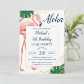 Aloha Flamingo Blue Gold Tropical Luthday Kaart (Staand voorkant)