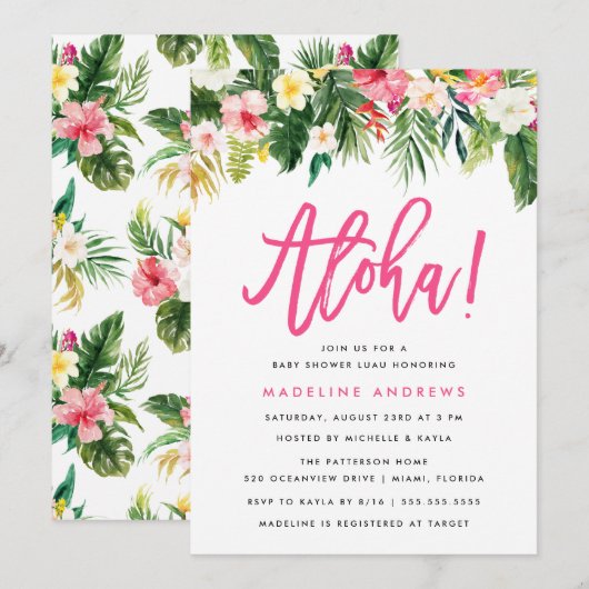 Aloha Floral | Invitation de Baby shower tropical (Devant / Derrière)