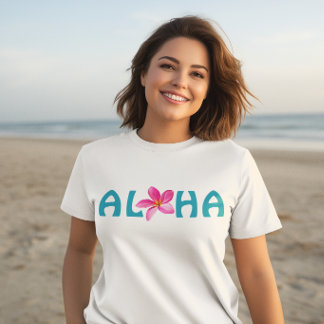 Aloha Hawaï Plumeria Bloem Roze Turquoise T-shirt