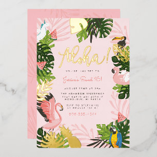 Aloha Hawaii Tropical Summer Gold Birthday Party Folie Uitnodiging