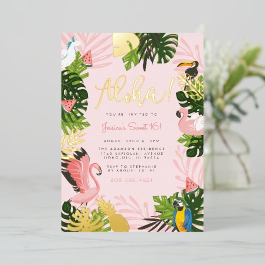 Aloha Hawaii Tropical Summer Gold Birthday Party Folie Uitnodiging (Staand Voorkant)