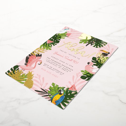 Aloha Hawaii Tropical Summer Gold Birthday Party Folie Uitnodiging (Gedraaid)