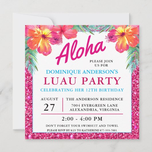 Aloha Hawaiian Luau Hibiscus Pink Glitter (Voorkant)